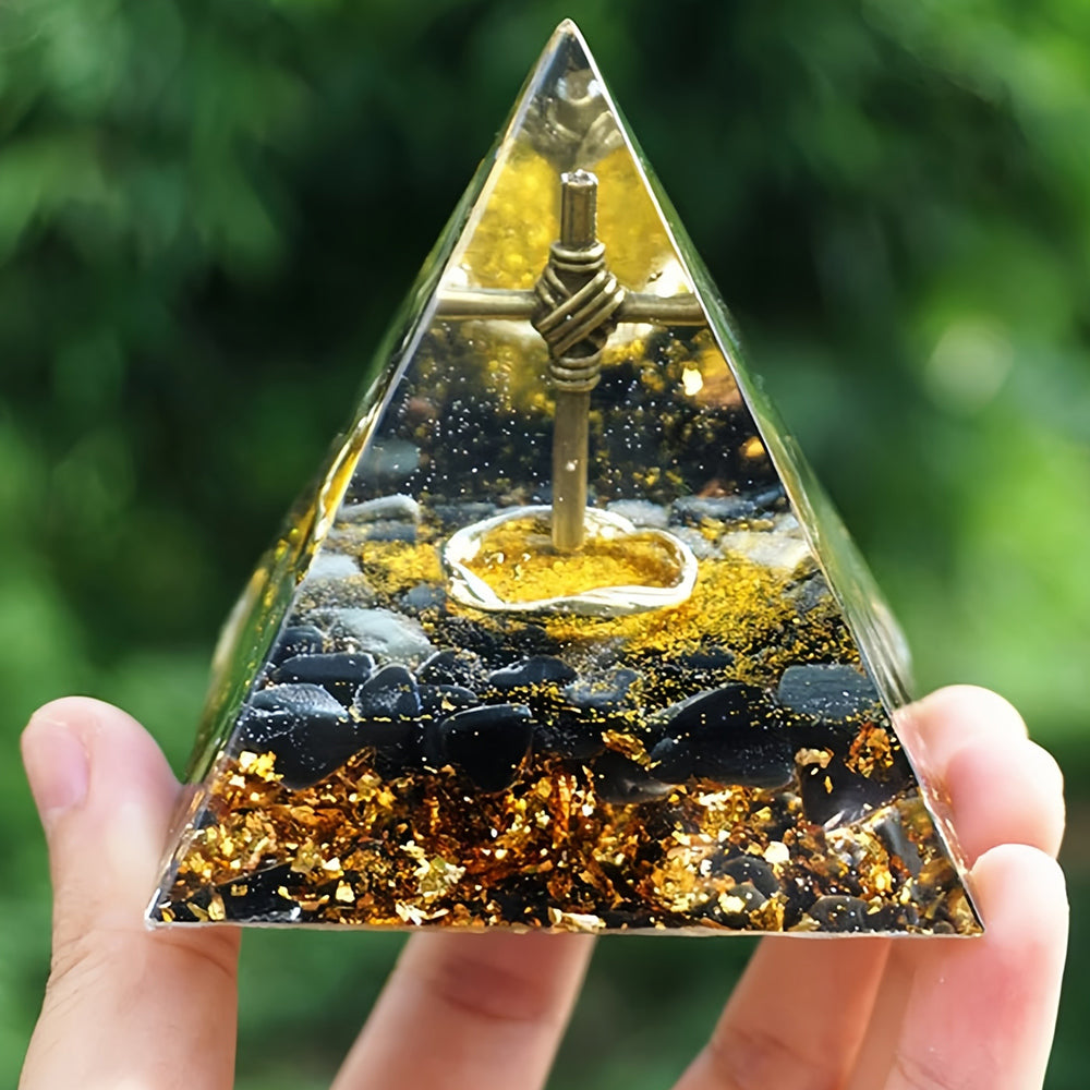 Obsidian Cross Symbol Orgone Pyramid