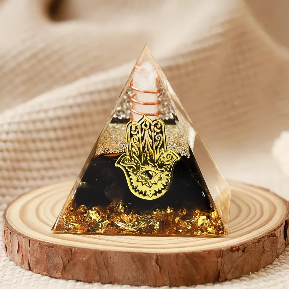 Clear Crystal With Obsidian Hamsa Orgone Pyramid