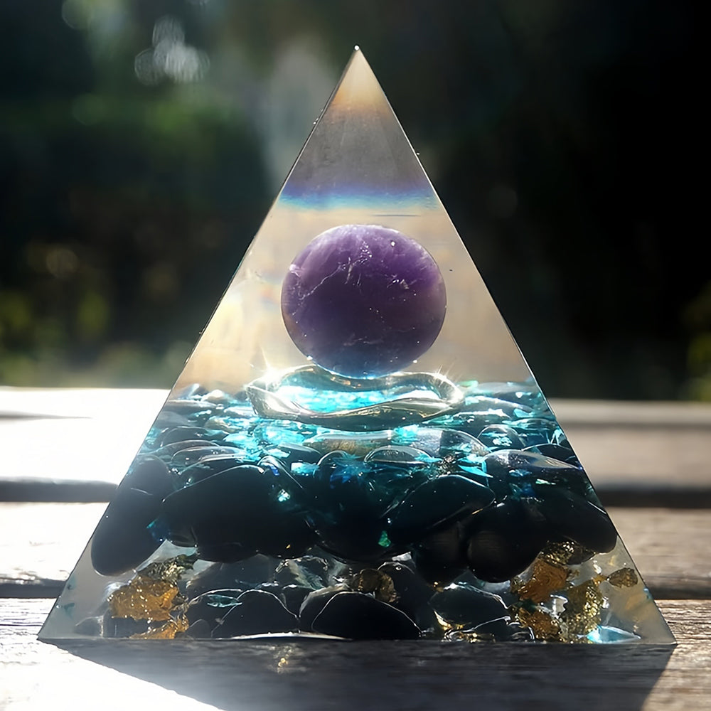 Amethyst Crystal Sphere with Obsidian Orgone Pyramid