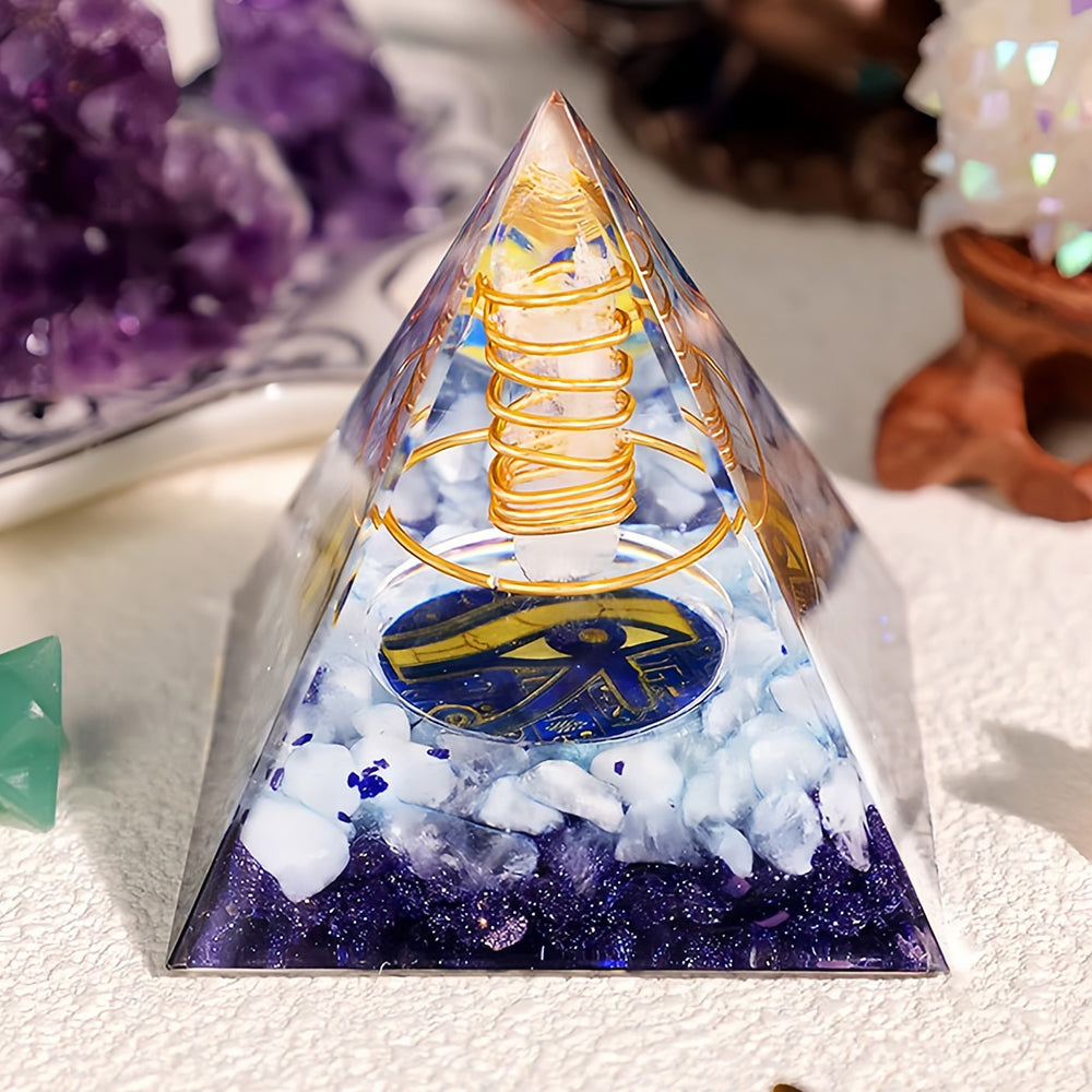 Clear Crystal Aquamarine Eye Of Horus Orgone Pyramid