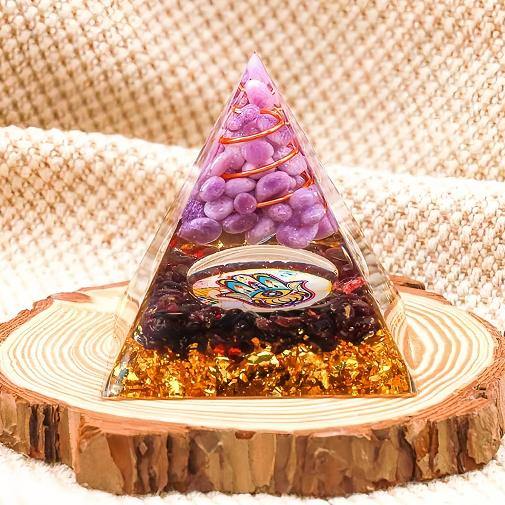 Purple Jade With Garnet Hamsa Healing Orgone Pyramid