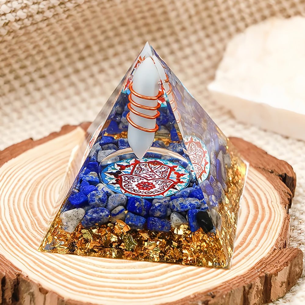 Aquamarine Pillar With Lapis Lazuli Hamsa Orgone Pyramid