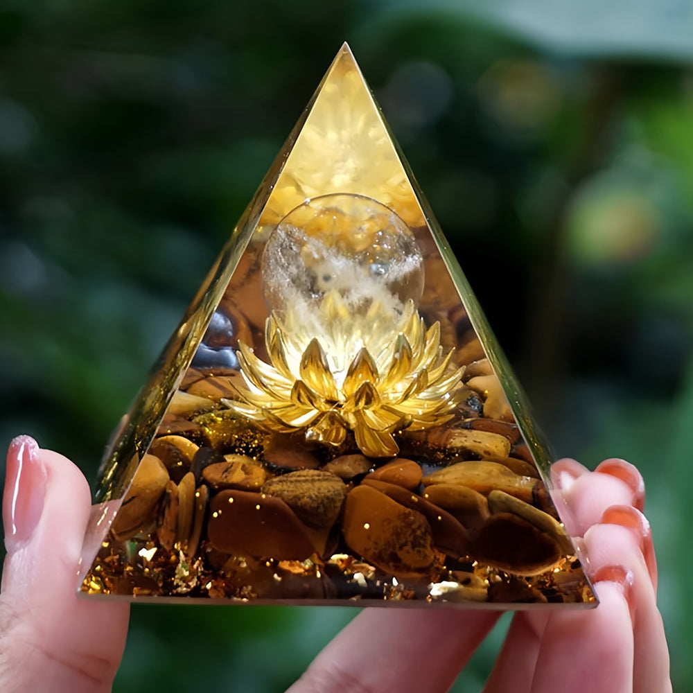 Clear Crystal Tiger Eye Lotus Symbol Orgone Pyramid