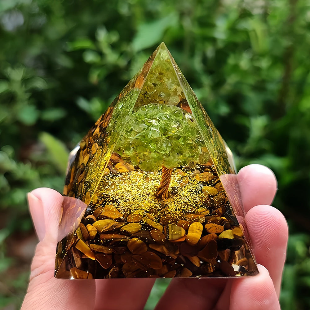 Tiger Eye with Peridot Tree Of Life Orgone Pyramid