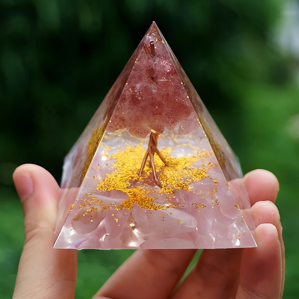 Tree of Life Strawberry Quartz With Rose Quartz Orgone Pyramid