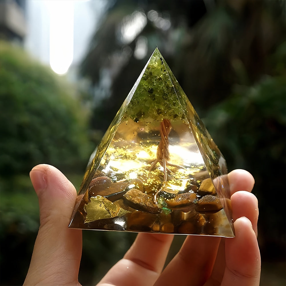 Tree of Life Customized Orgone Pyramid for Sale (Peridot with Tiger Eye)