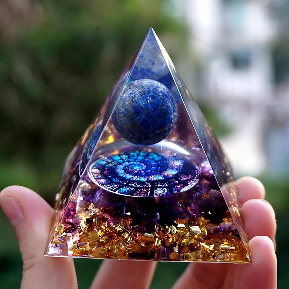 Chakra Orgone Pyramid with Lapis Lazuli Sphere & Amethyst