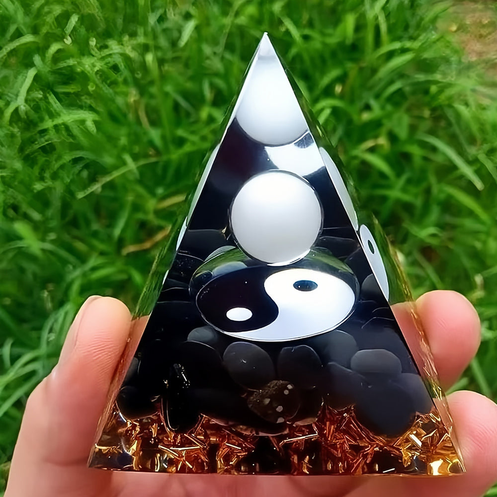 Obsidian with White Jade Healing Orgone Pyramid