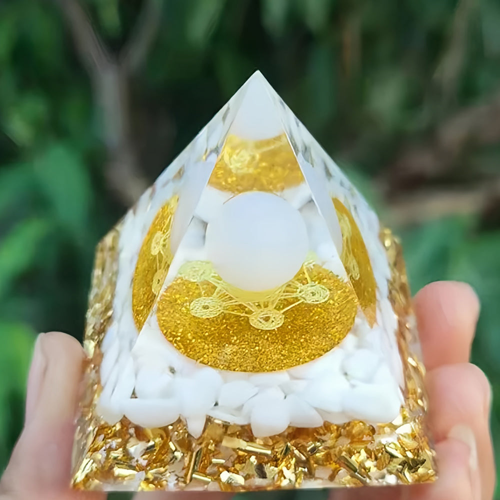 Metatron's Cube Orgone Pyramid - White Agate and Clear Quartz