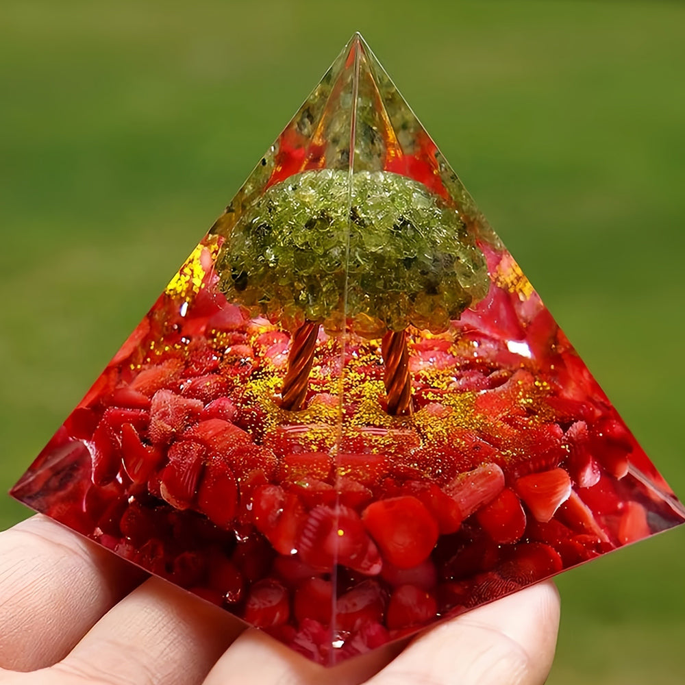 Peridot With Red Coral Tree Of Life Orgone Pyramid