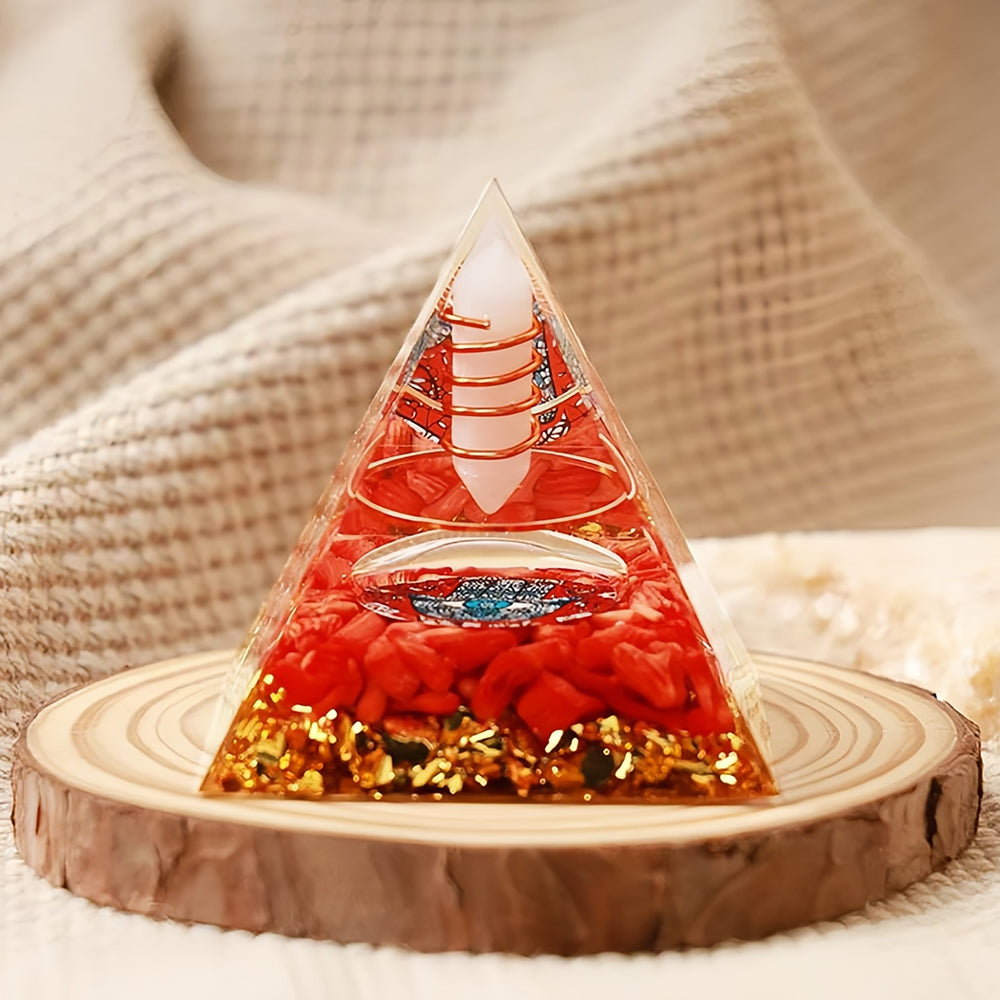 Opal With Red Coral Hamsa Orgone Pyramid