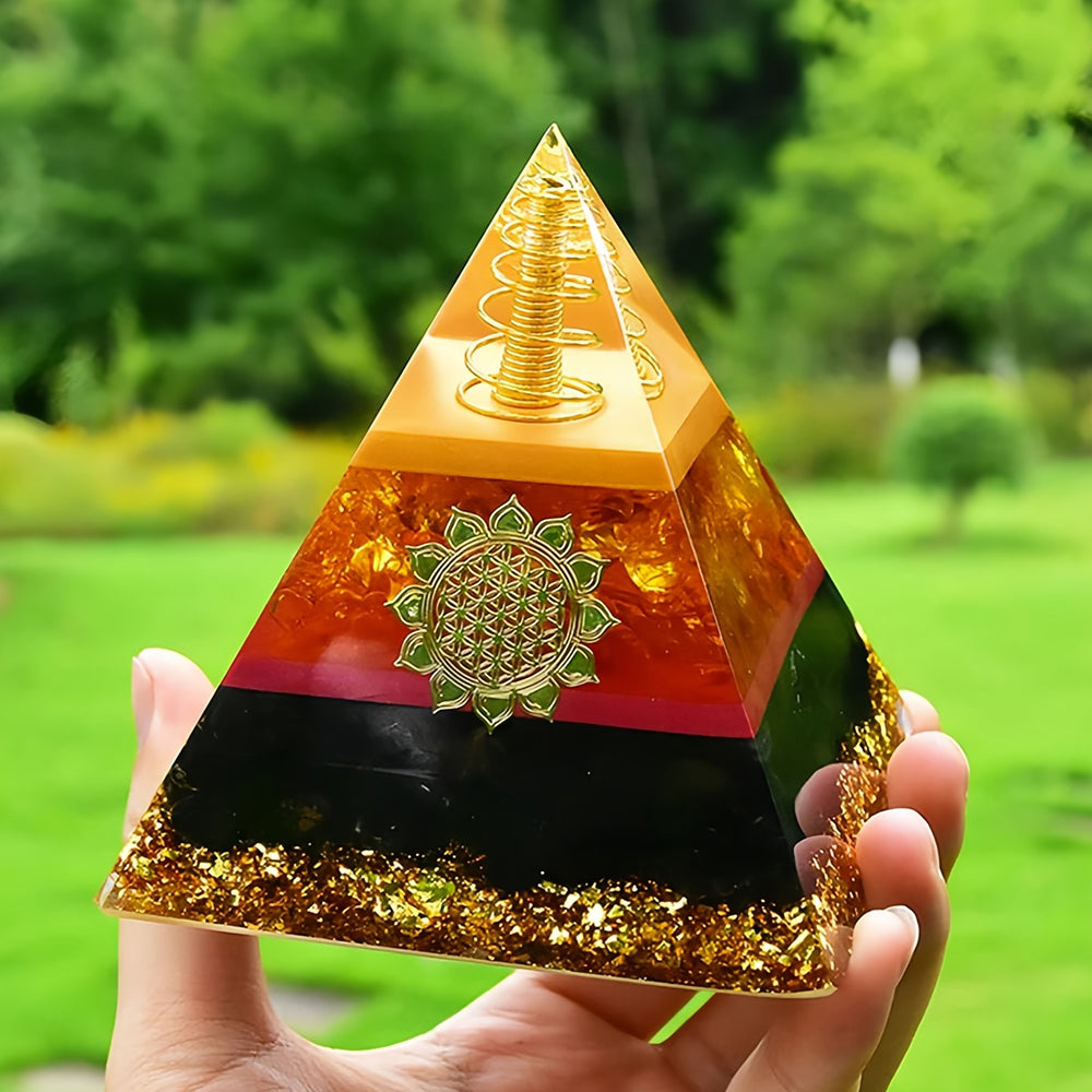 Citrine Black Tourmaline Lotus Symbol Orgone Pyramid