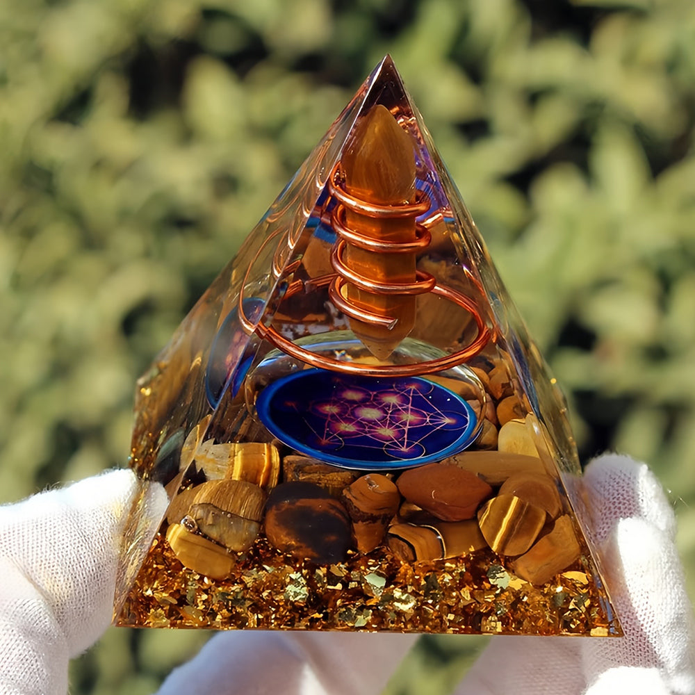 Tiger Eye Crystal Pillar Metatron's Cube Orgone Pyramid