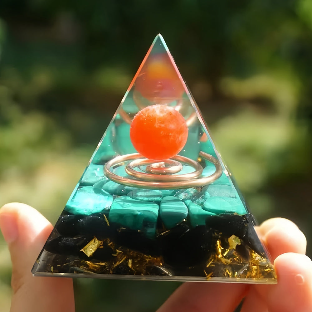 Red Agate Sphere With Malachite And Obsidian Orgone Pyramid