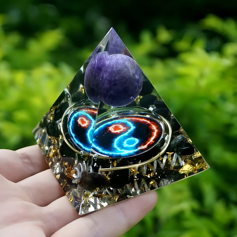 YinYang Amethyst Sphere With Obsidian Orgone Pyramid